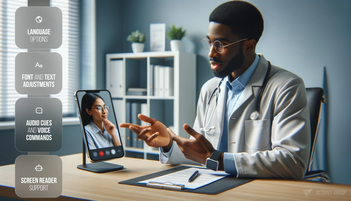 Illustration for Accessibility Options. portrait of a doctor in a clinic office, having a consultation via smartphone with a patient. The doctor, a male Black individual, is gesturing and conveying important information. The patient, a female Hispanic in glasses, is listening carefully, displayed on the smartphone's screen. The phone is situated on a stand on the desk, with the UI of the video call visible. The office has a calm atmosphere, softly lit with natural light.