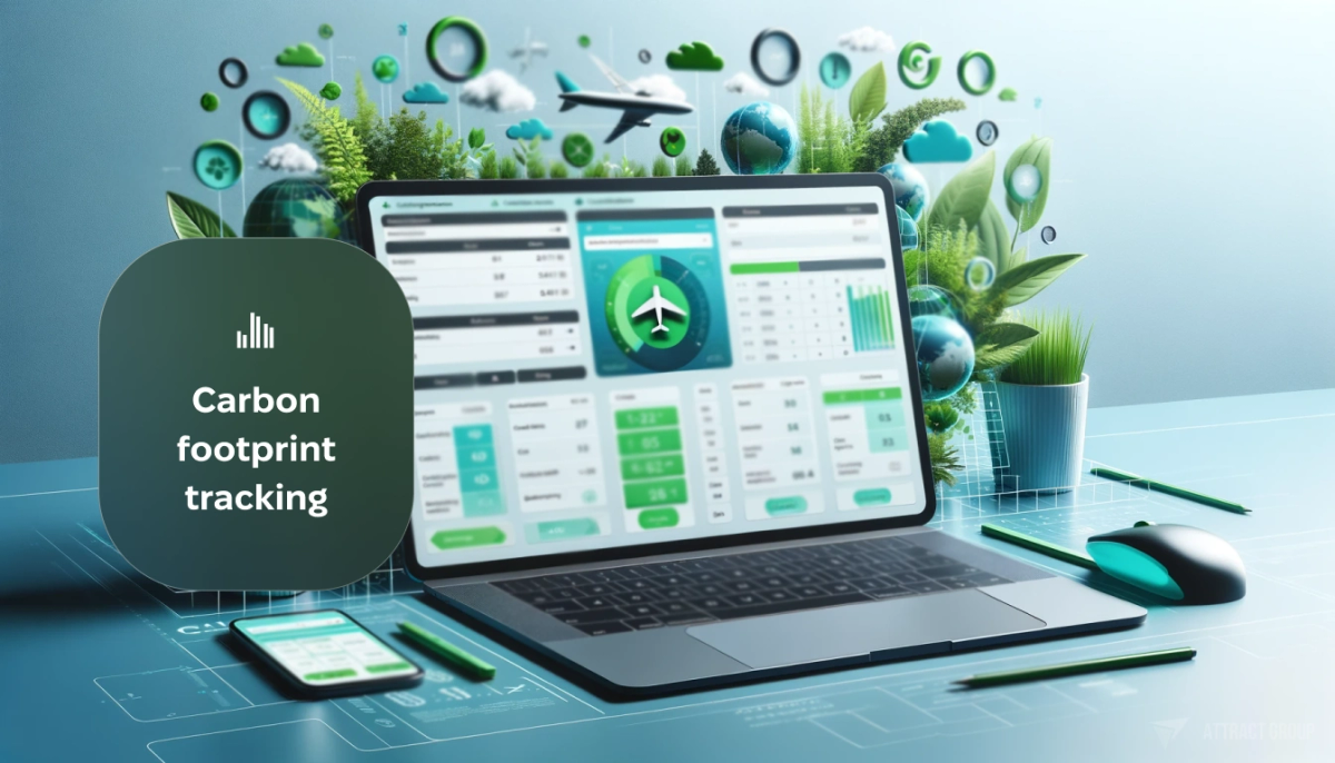 Eco-inspired CRM system interface, designed to calculate emissions from airports. The design is clear and user-friendly, with a color palette of green, blue, and plastic white, symbolizing environmental awareness. The interface is enriched with visual elements of greenery to emphasize its eco-friendly purpose. The CRM system includes various software tools and features that calculate carbon emissions from different airport operations, showcasing sections for data input, analysis, and reporting in an intuitive layout.
