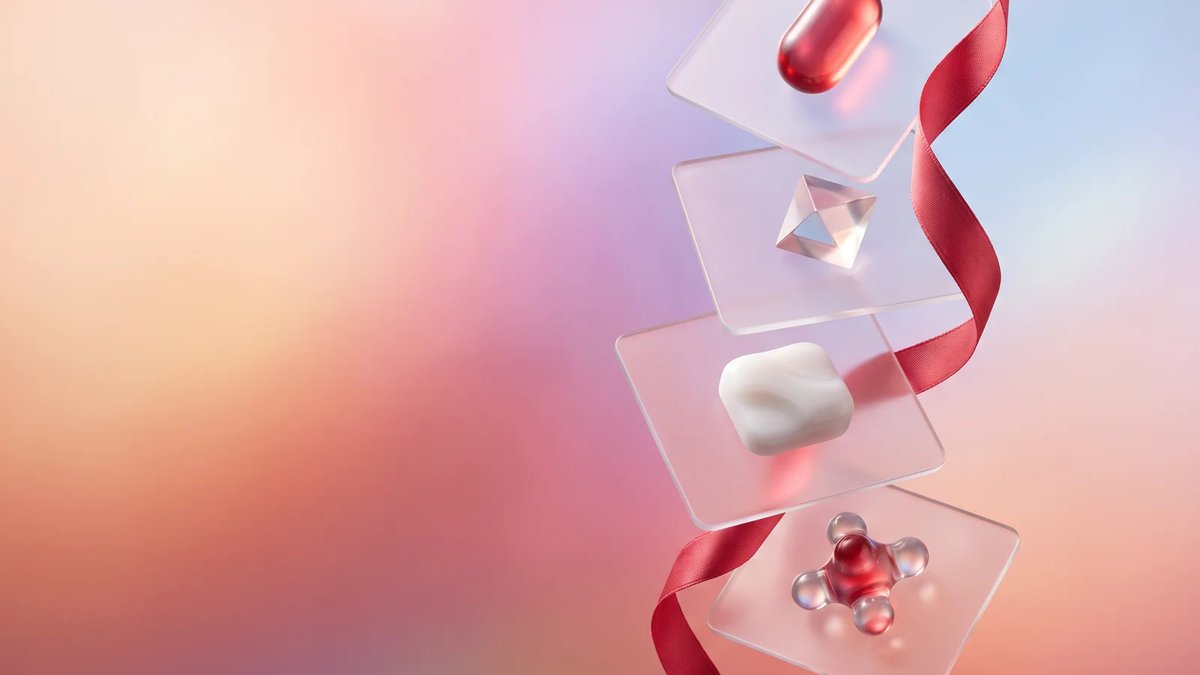 Abstract healthcare technology startup concept with glass cards, data forms, and a connected red ribbon
