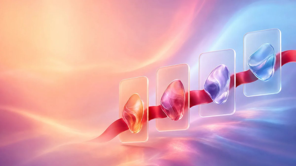 Abstract editorial illustration with four frosted-glass destination cards connected by a flowing crimson ribbon over a peach, magenta, violet, and pale blue aurora gradient, representing software outsourcing country comparison.