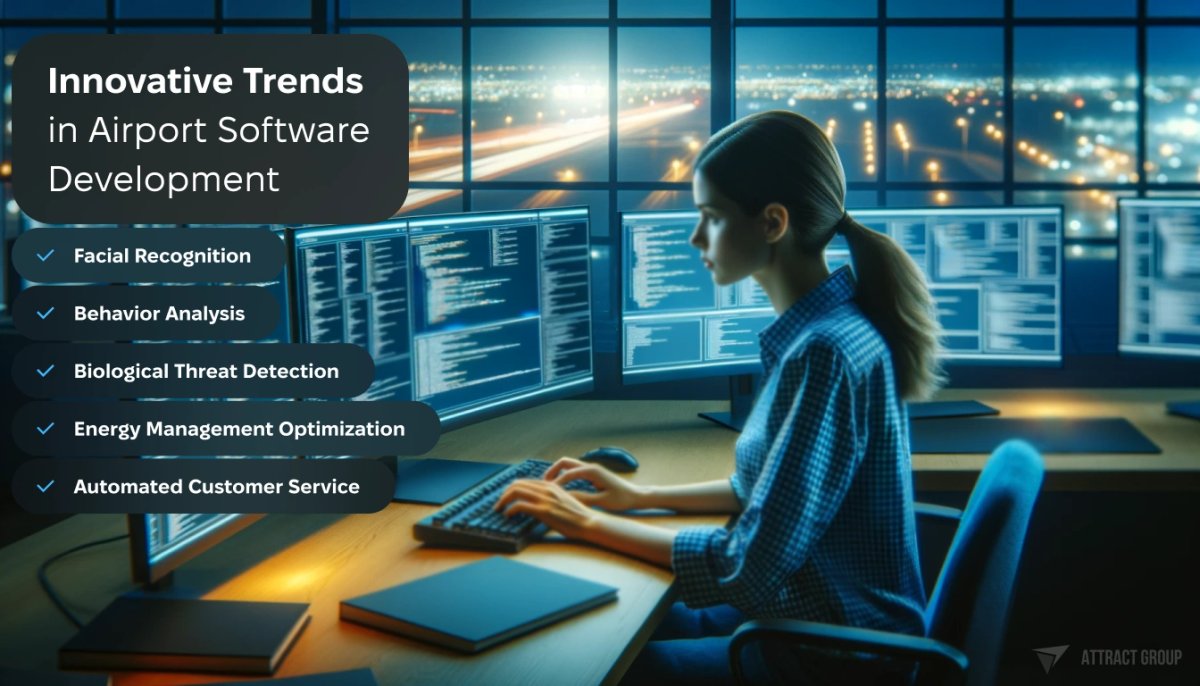 Innovative Trends in Airport Software Development.
A woman in a blue checkered shirt who is seated at a workstation with several monitors. These displays are filled with complex software interfaces.
