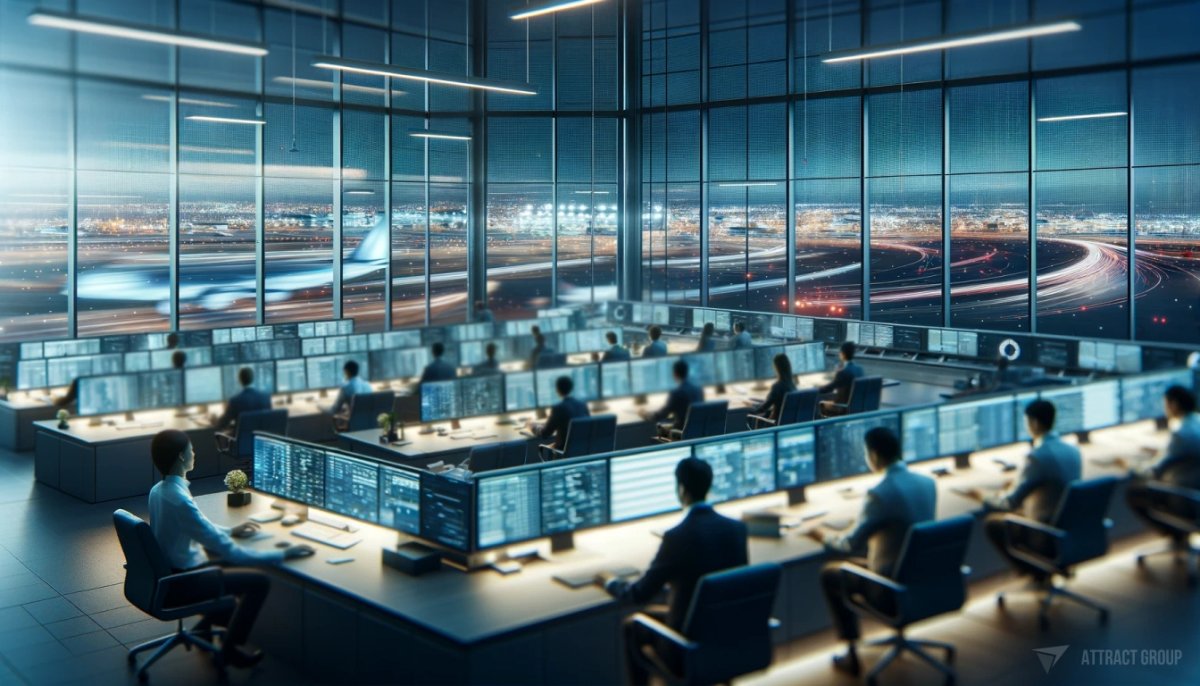 Choosing the Right Developer for Your Aviation Safety Reporting Software. 
A control room interior at night. The room is filled with diverse staff members blurred in motion as they work diligently at computers and tablets. 