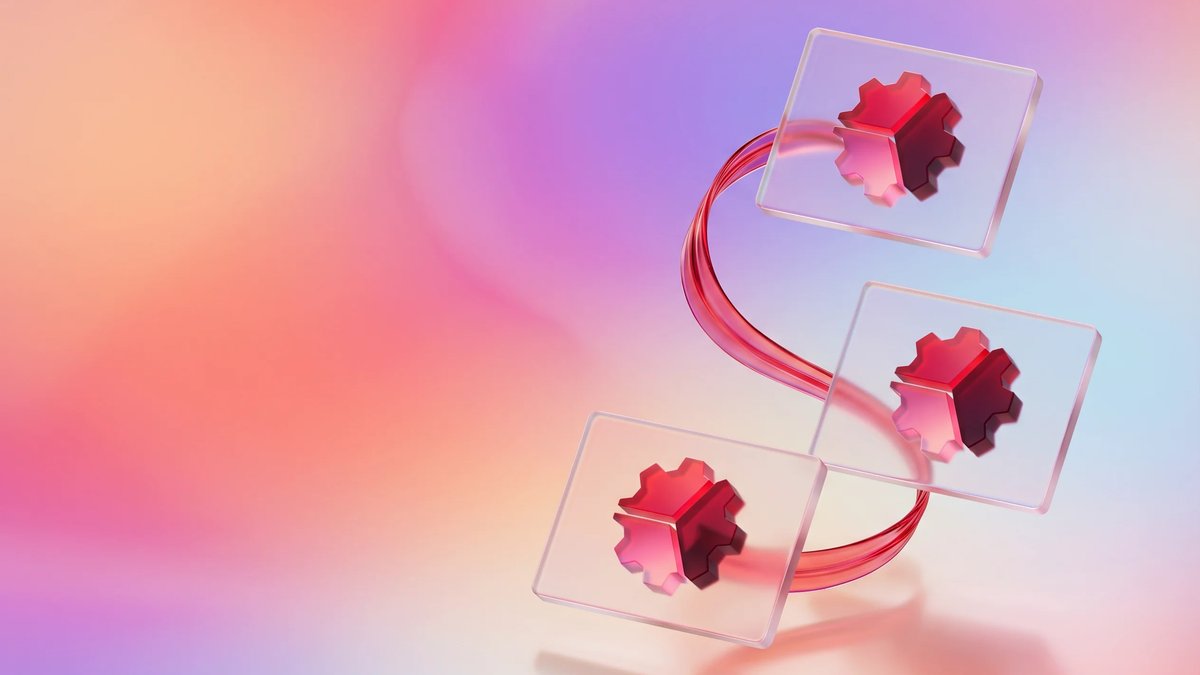 Abstract 3D editorial illustration with connected crimson glass forms representing coordinated software outsourcing delivery.