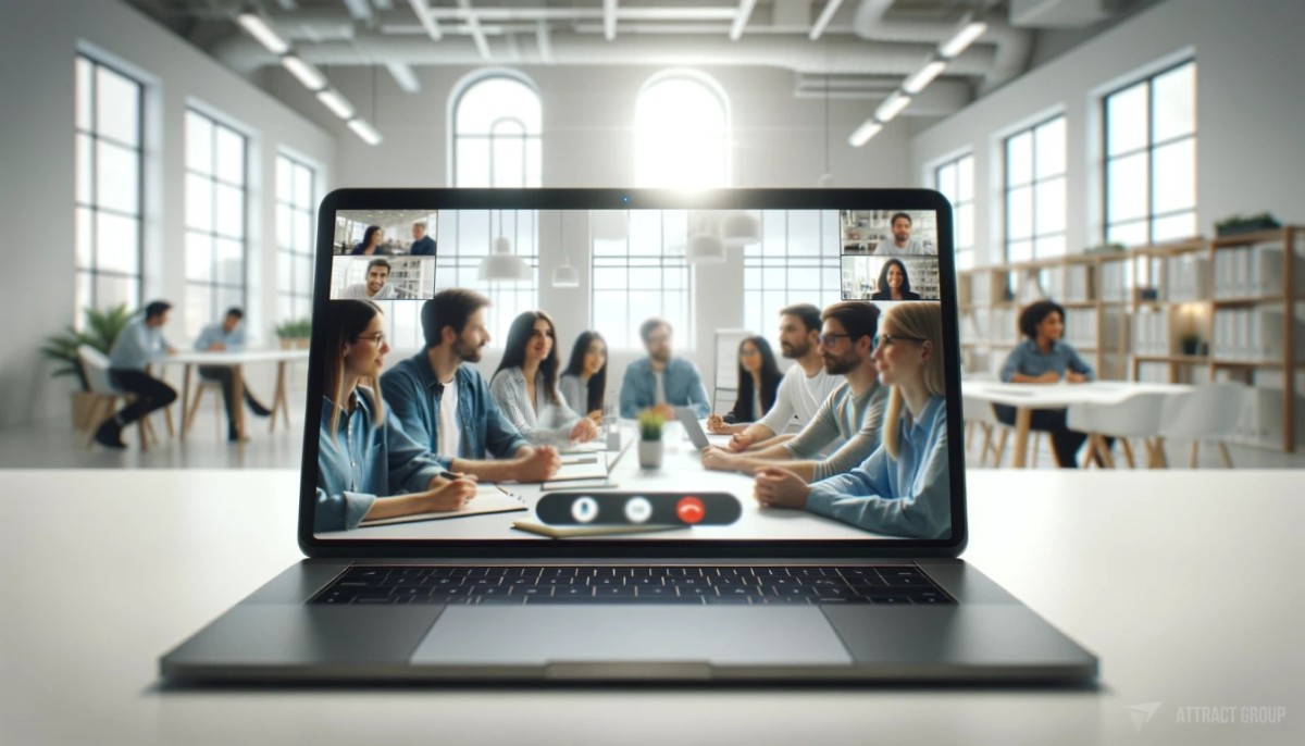 A laptop screen during a team video call in a white office setting. 