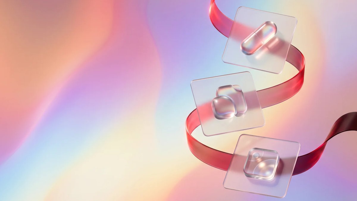 Abstract glass cards and crimson workflow ribbon representing a connected laboratory information system