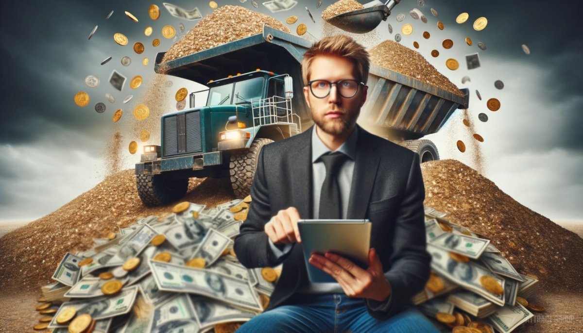 A man in glasses holding a tablet. Behind him, a dump truck is scooping dollars and gold coins.