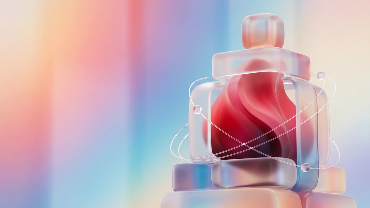 Abstract premium stack of translucent app blocks protecting a crimson data core on an aurora gradient background