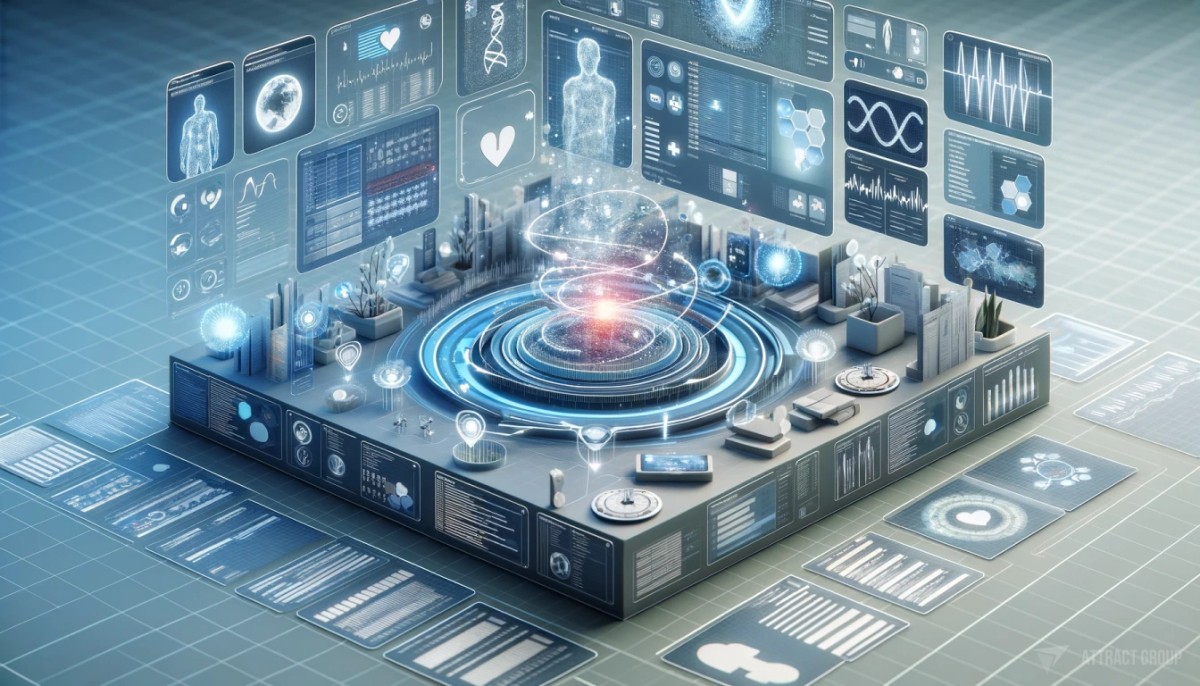 Illustration for Seamless Data Exchange. 3D visualization diorama representing a seamless medical data exchange. The diorama features realistic renders of various medical data elements such as patient records, charts, and diagrams, all interconnected in a seamless flow. Holographic data visualizations are scattered throughout, adding depth and a futuristic aspect to the atmosphere. The holograms display dynamic, floating medical data, enhancing the concept of advanced technology in healthcare. The overall image conveys the complexity and efficiency of modern medical data systems in a visually engaging manner.