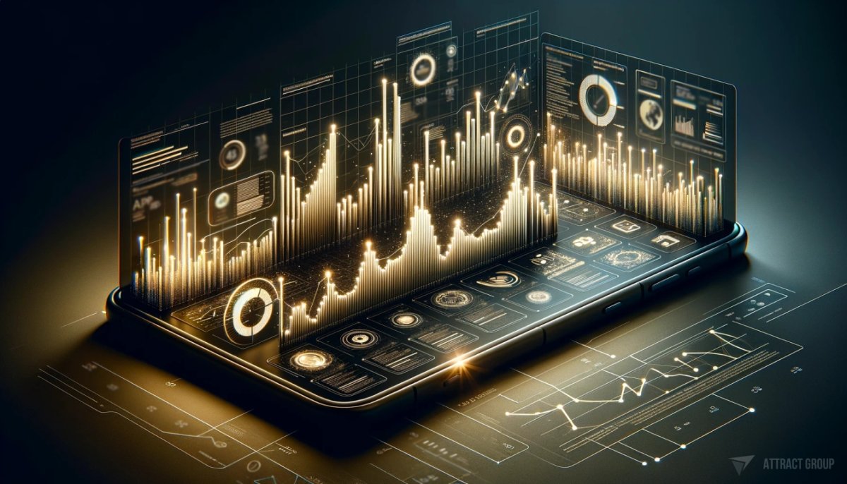 Illustration for Regular app updates are strategic moves in the competitive app marketplace. an illuminated chart on a muted, tech-inspired background. The chart is creatively designed to illustrate the concept that users install an average of 40 apps on their mobile devices, and each app must compete to maintain its relevance and presence. The chart could include dynamic bars or lines representing different apps, with varying heights or lengths to indicate their struggle for relevance. The overall design should be sleek and modern, with the illuminated chart being the focal point, set against the muted, tech-styled backdrop. The visualization should convey the competitive nature of the app market in an engaging and visually appealing manner. 