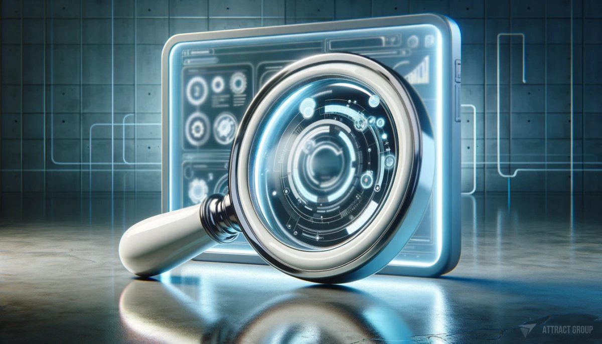 shiny magnifying glass with a white, futuristic plastic frame