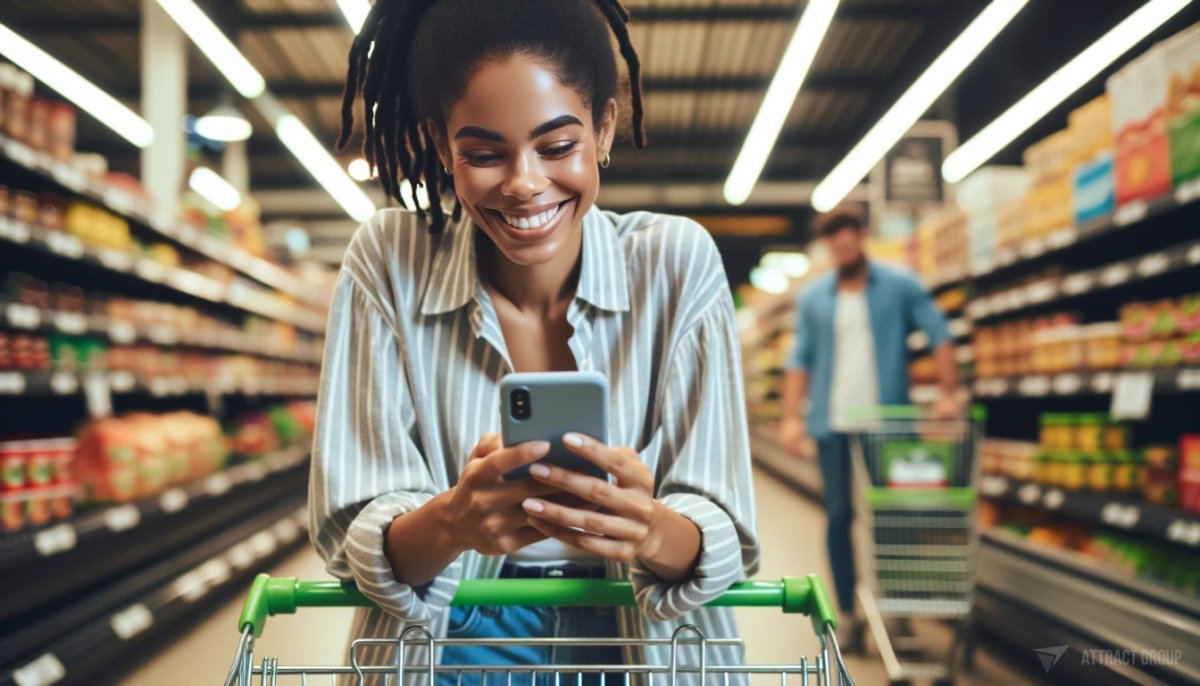 Future Outlook for Retail Ticketing System Innovation.
A cheerful woman in the foreground of a grocery store.