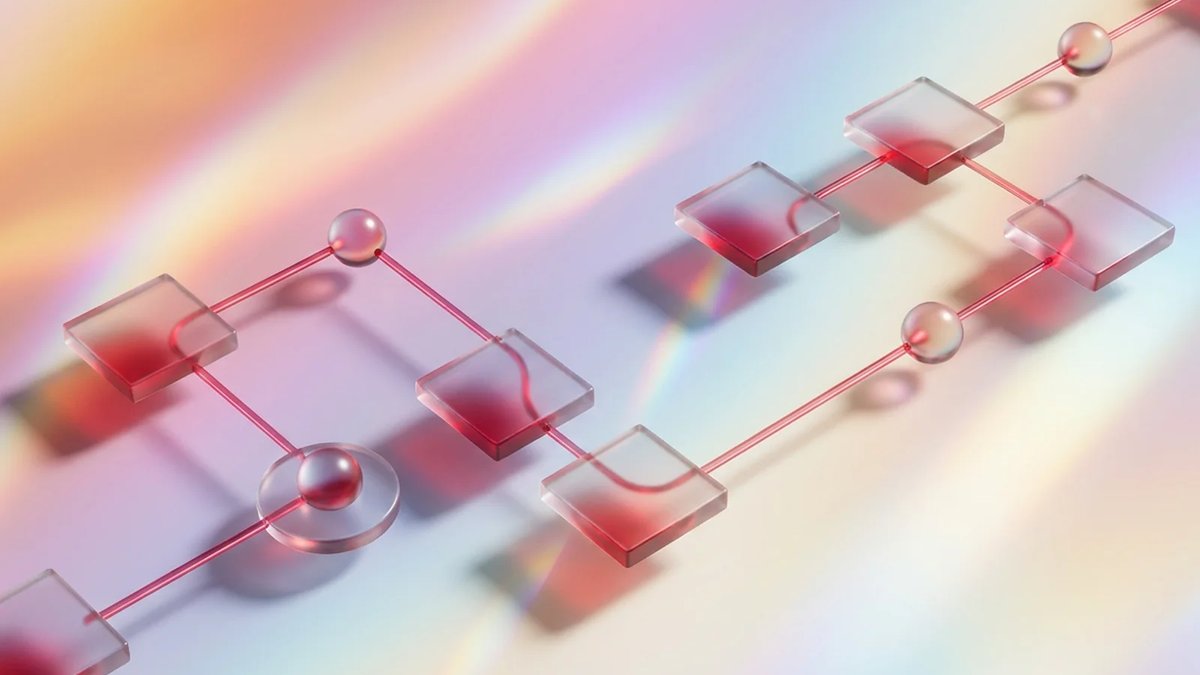 Abstract frosted-glass traceability matrix grid with crimson links connecting requirements, tests, and delivery evidence.