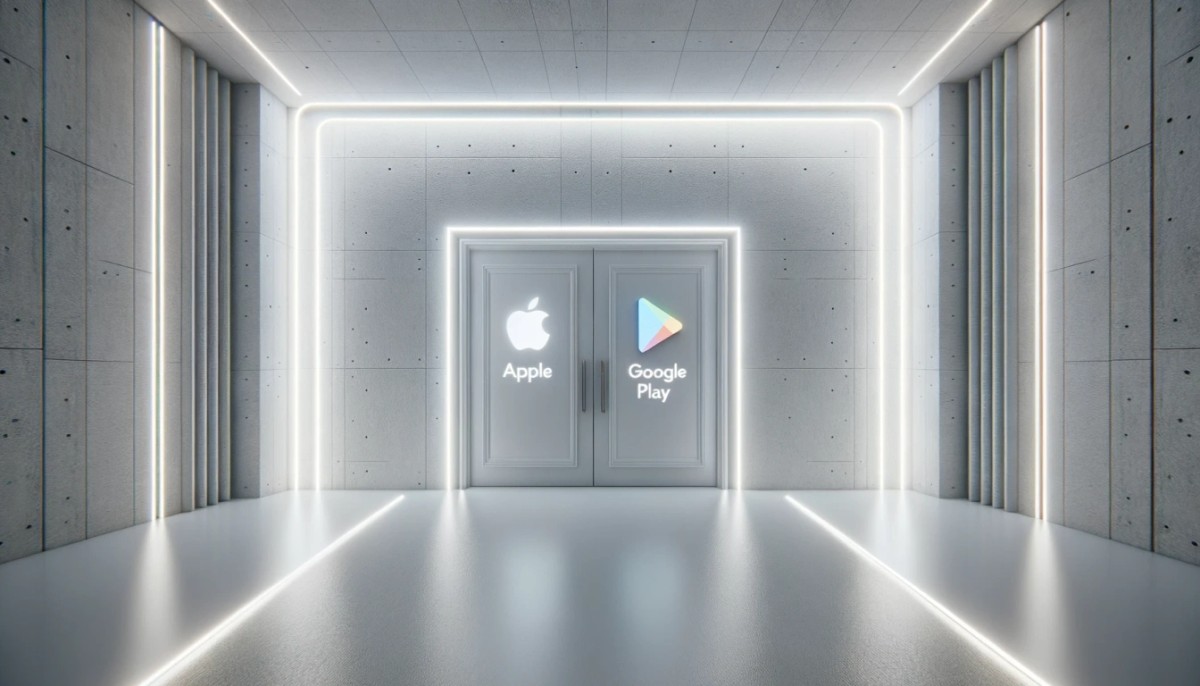 Deployment to App Stores, two doors App store and Google Play futuristic neon modern design