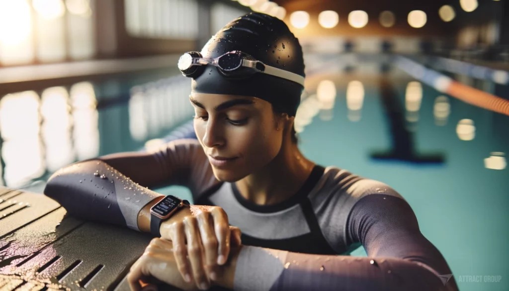 Illustration for Real-Time Health Monitoring and Data Syncing. A portrait of a professional swimmer, a female Hispanic, leaning on the side of a pool with her hands. On her wrist is a sports smartwatch that displays her activity data. She is intently watching her watch to check her activity. The swimmer is wearing a professional swimming cap and goggles, with droplets of water on them from swimming. The background features a blurry swimming pool.