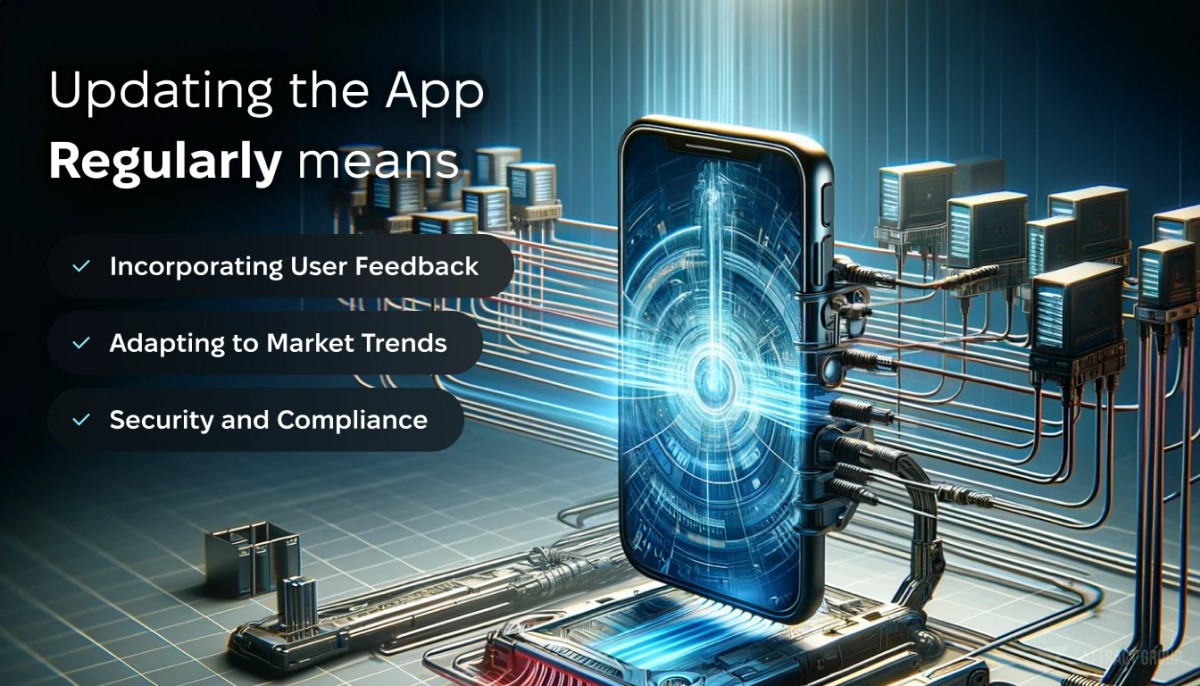 Updating the App Regularly means.
A futuristic smartphone mounted on a technological bracket. Wires should extend from the smartphone to computers and servers, illustrating a connection or synchronization process. A high-tech environment, with the elements having a futuristic design. Emphasize the integration of the smartphone with the advanced technology surrounding it. Updating the App Regularly.