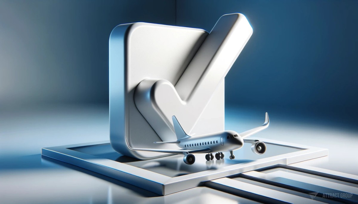 Reflecting on the expanding landscape of aviation software. 
A 3D check mark made from shiny white plastic material, with a sleek, modern white plastic airplane nearby. 