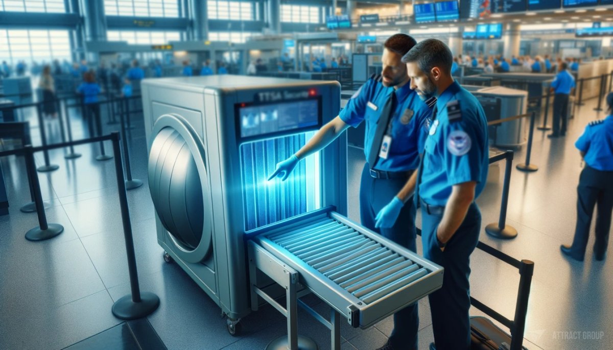 Streamlining Airport Operations for Efficiency.
Two TSA (Transportation Security Administration) officers at an airport security checkpoint. They are wearing blue shirts with visible TSA patches on their arms, indicating their authority and role. One officer is actively pointing to a screen on a modern, cylindrical X-ray machine that is in use, highlighted by a blue light.