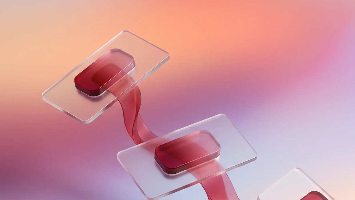 Abstract editorial illustration with frosted glass cards and crimson resin modules connected by a flowing ribbon over a luminous aurora gradient, representing digital transformation tools working together.