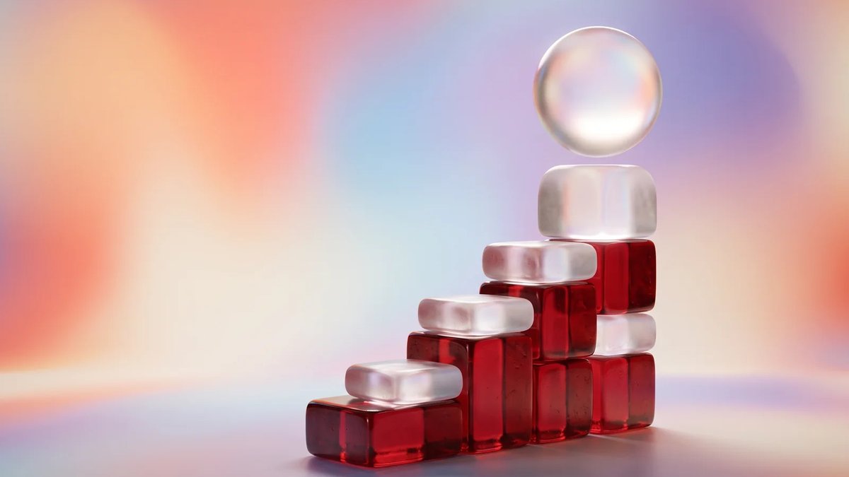 Abstract dimensional illustration of secure healthcare DevOps delivery blocks rising toward a protected cloud system.