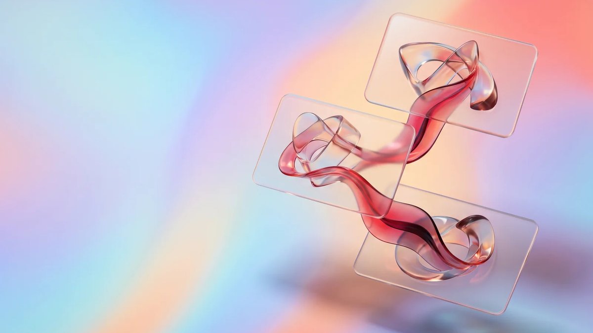 Abstract glass cards connected by a crimson ribbon, representing healthcare data interoperability across systems