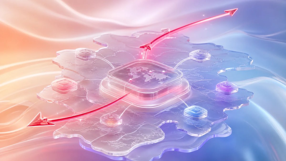 Abstract flight tracking software map layers, crimson routing arc, and glass data nodes on a luminous multi-color gradient.