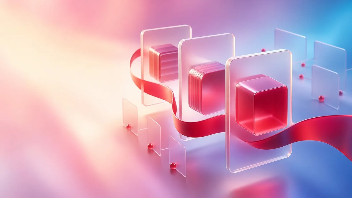 Abstract healthcare SaaS architecture with frosted glass tenant cards and a crimson connected workflow ribbon