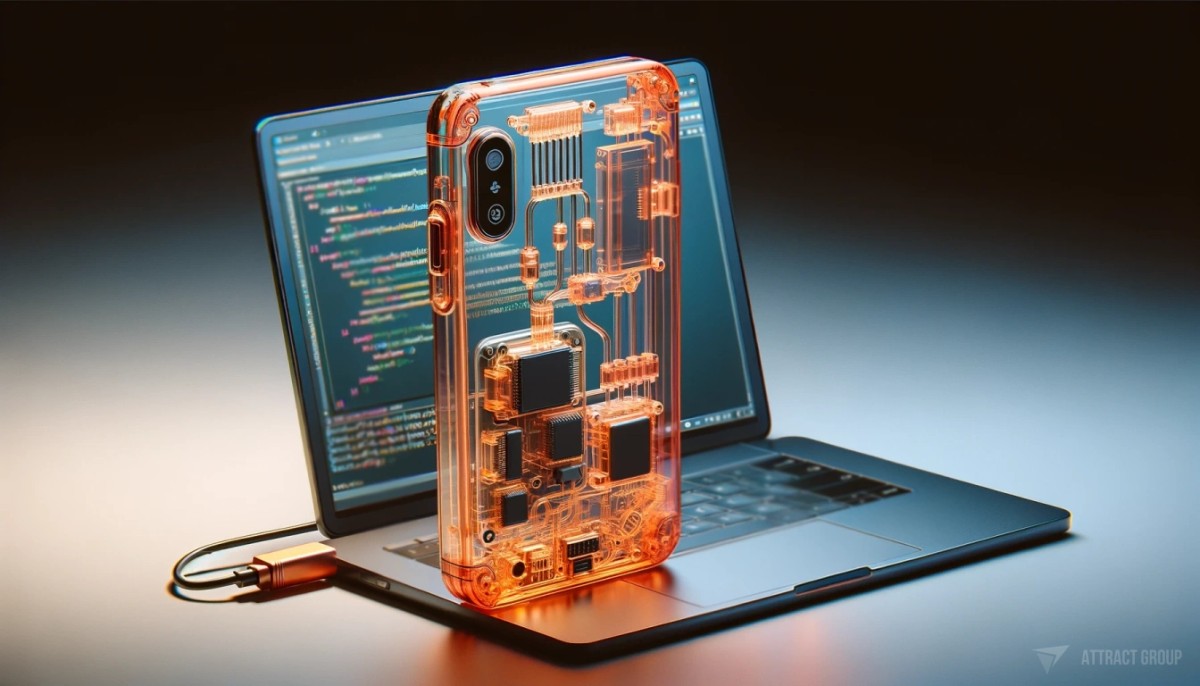 The smartphone is connected via a cable to a laptop, which has code displayed on its screen