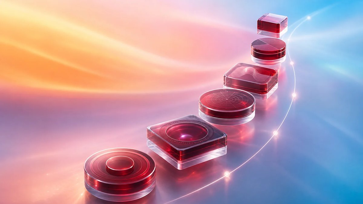 Abstract crimson and frosted glass pilot training modules forming a flight path on a luminous aurora gradient.
