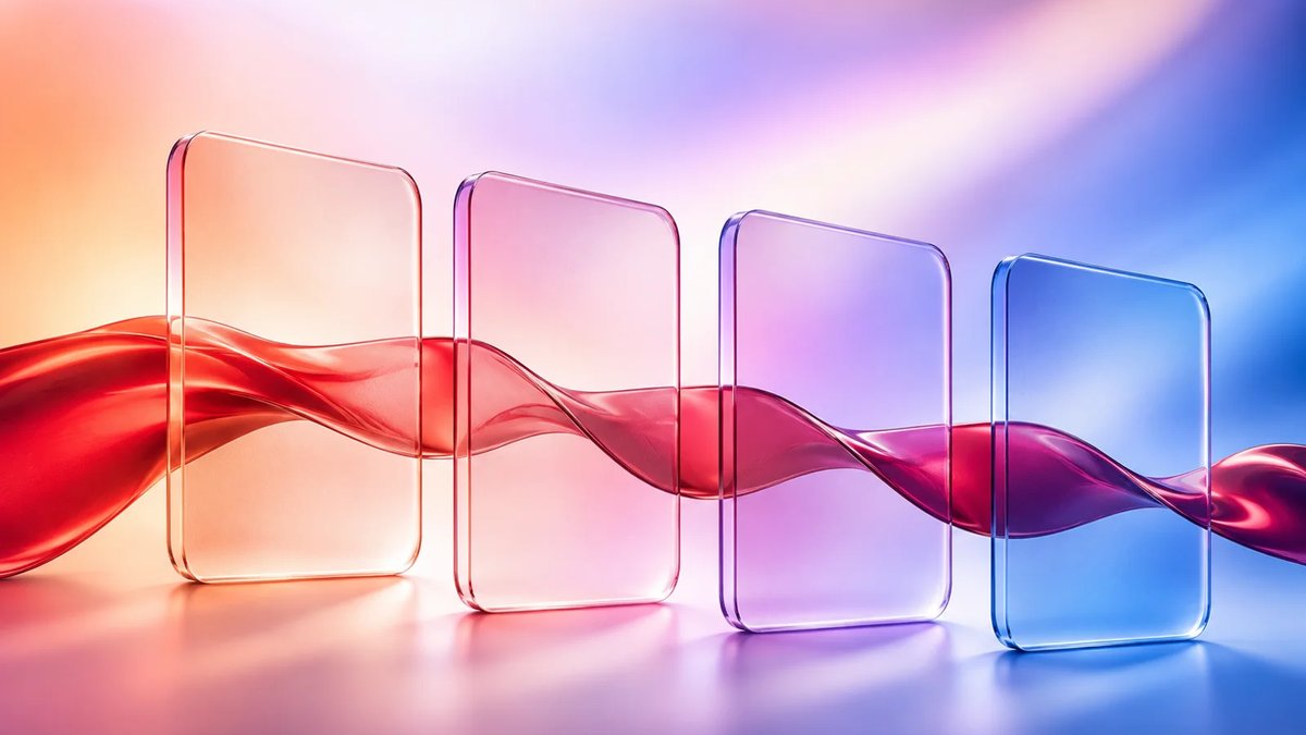 Abstract glass comparison panels linked by a crimson ribbon on a luminous multi-color gradient background.
