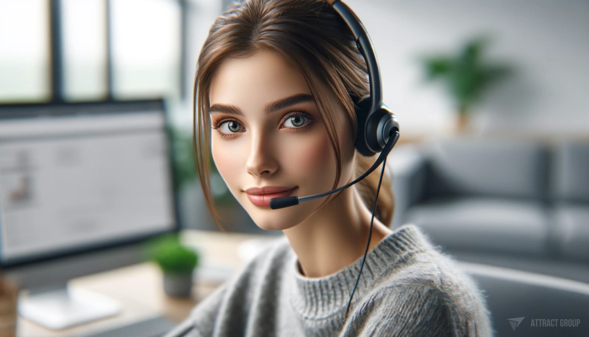 A modern call center operator. They are wearing a headset and looking at a computer with a customer chat open on the screen.