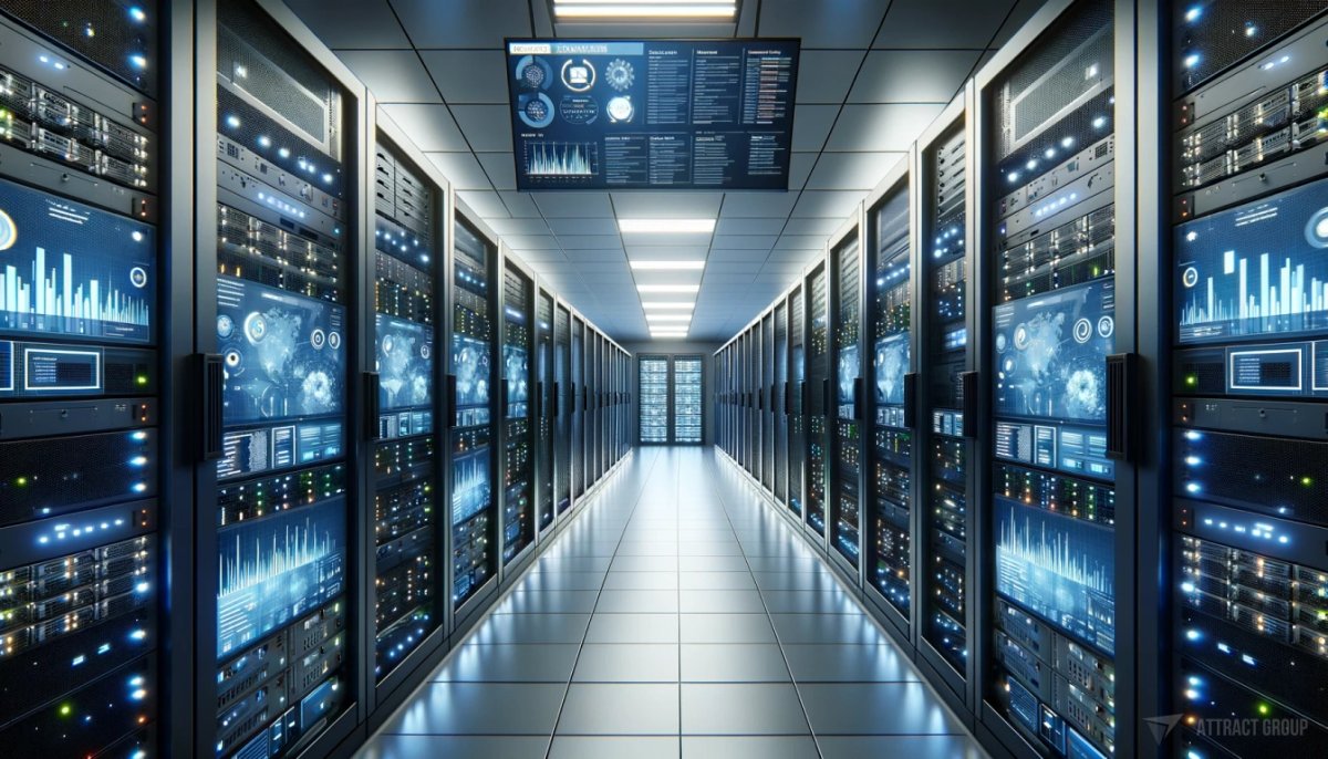 A modern, well-organized server room filled with racks of high-tech servers. 