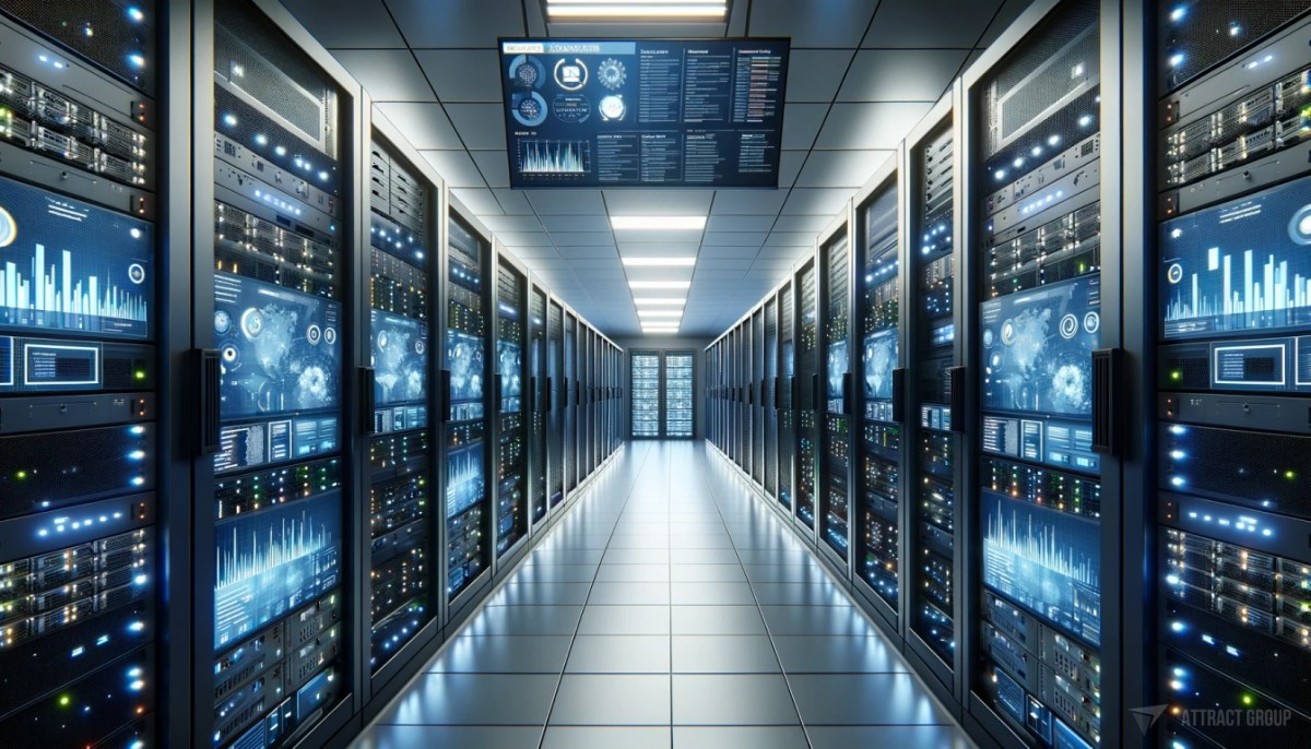 A modern, well-organized server room filled with racks of high-tech servers.