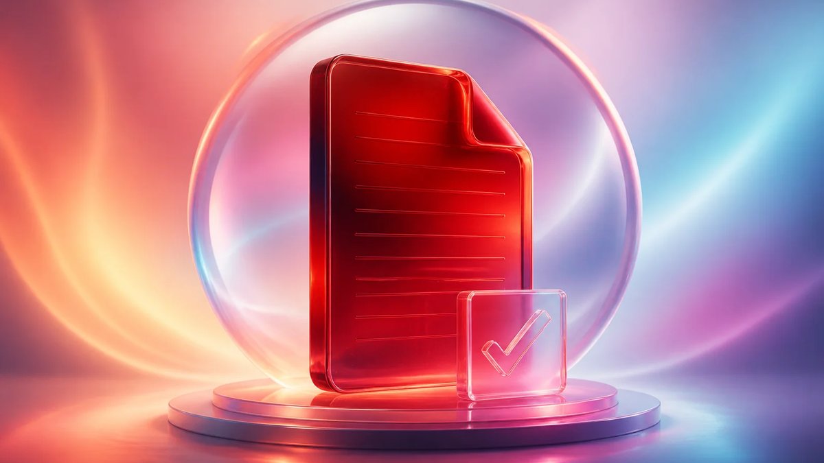 Abstract dimensional crimson Markdown document with a precise frosted-glass check mark on a luminous aurora gradient