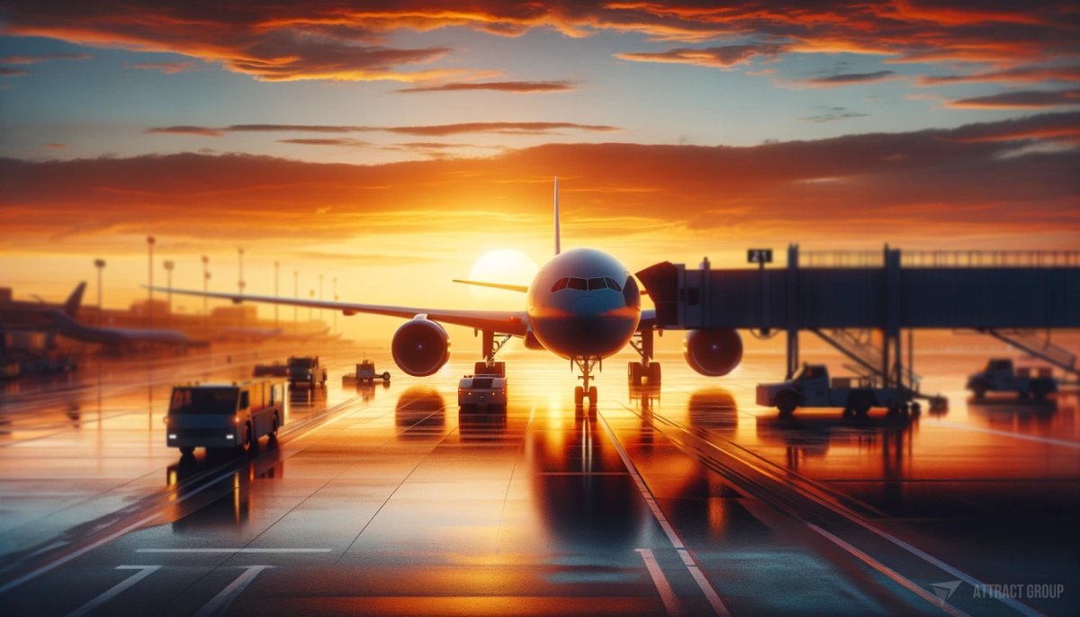 The aviation sector.
An airplane at an airport gate during the golden hours of sunrise or sunset. The sky is awash with warm oranges and yellows, casting a calming glow over the scene.