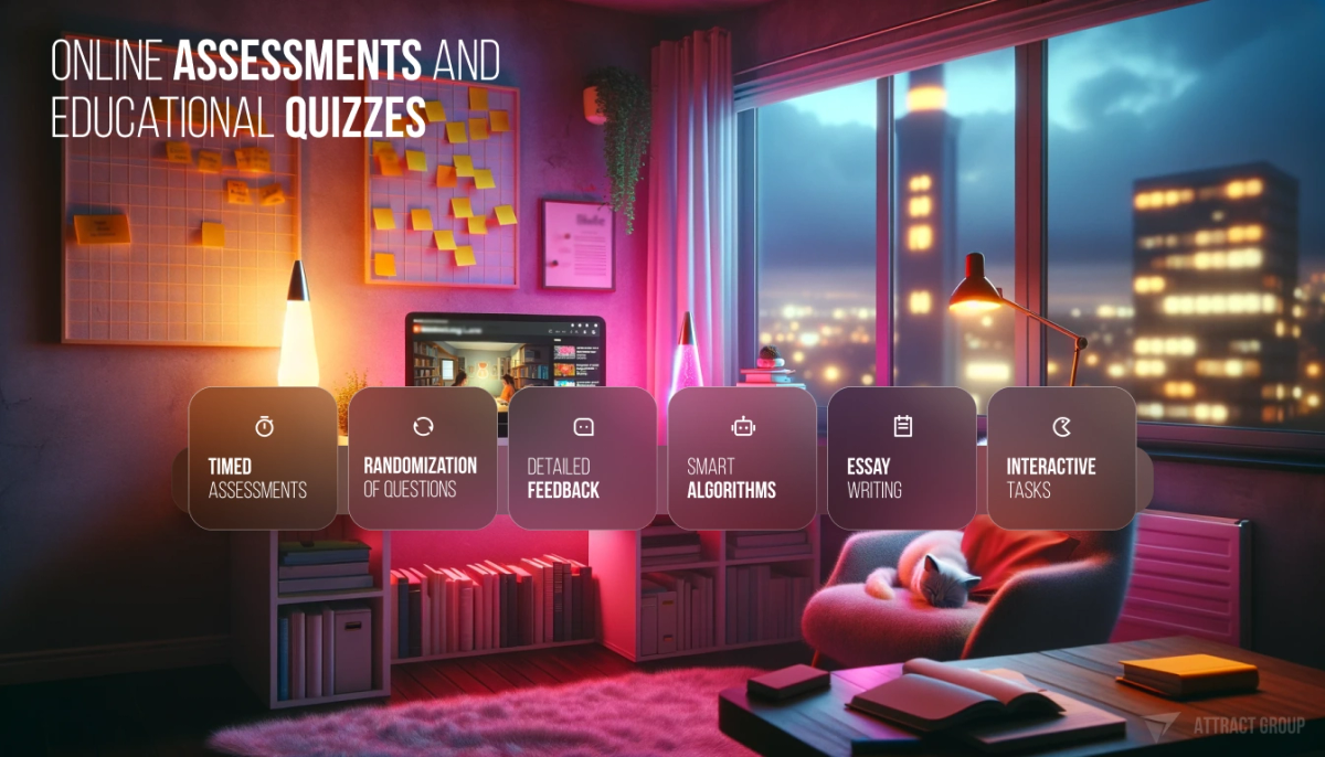 Illustration for Online assessments and educational quizzes serve as vital components in the e-learning process. A cozy corner learning setup at nighttime. The room is softly illuminated with pink neon lights, creating a vibrant but relaxed atmosphere. A computer monitor in the center displays a language video course. To the right, a classic lava lamp emits a warm, orange glow. The window shows a blurred city landscape. The desk is strewn with books, notebooks, and yellow sticky notes on the wall, indicating a study environment. A sleeping cat is on the armchair, adding a touch of comfort. A bookshelf is present, signifying a teenager's room filled with greenery for a fresh feel. The overall ambiance is relaxed, soft, and recreational, suitable for a teenager's learning space.