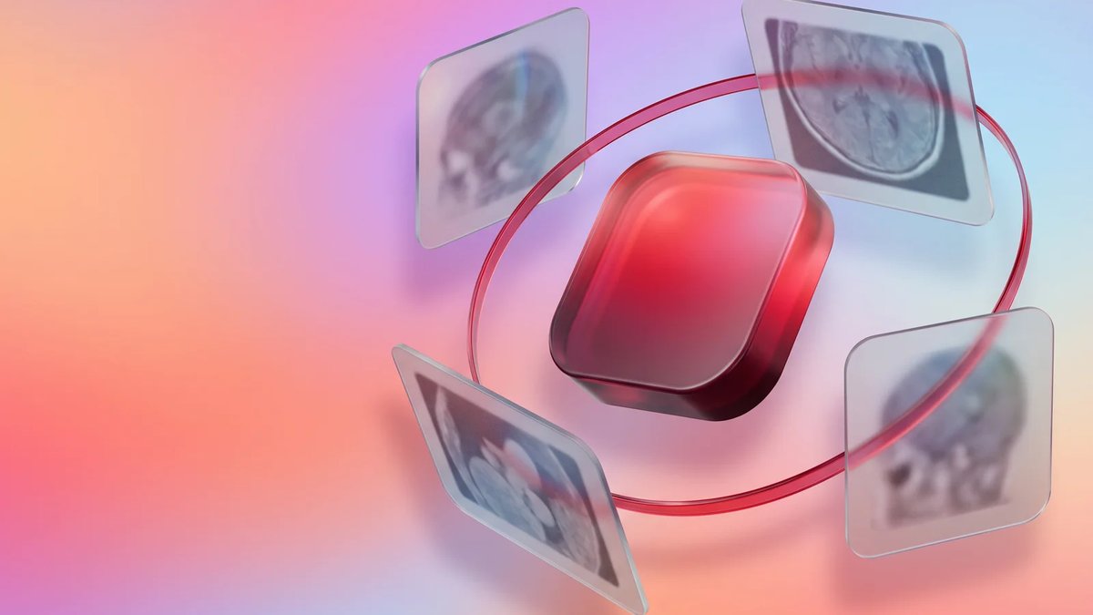 Abstract glass diagnostic lens with floating image panels on an aurora gradient background