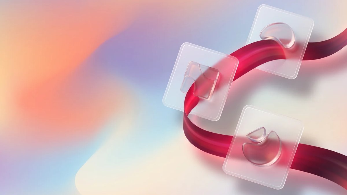 Abstract frosted-glass healthcare data cards connected by a crimson ribbon, representing EHR integration across clinical systems