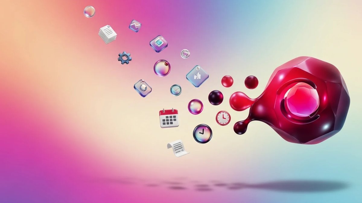 Editorial abstract illustration showing scattered small-business tasks converging into one streamlined AI automation system.