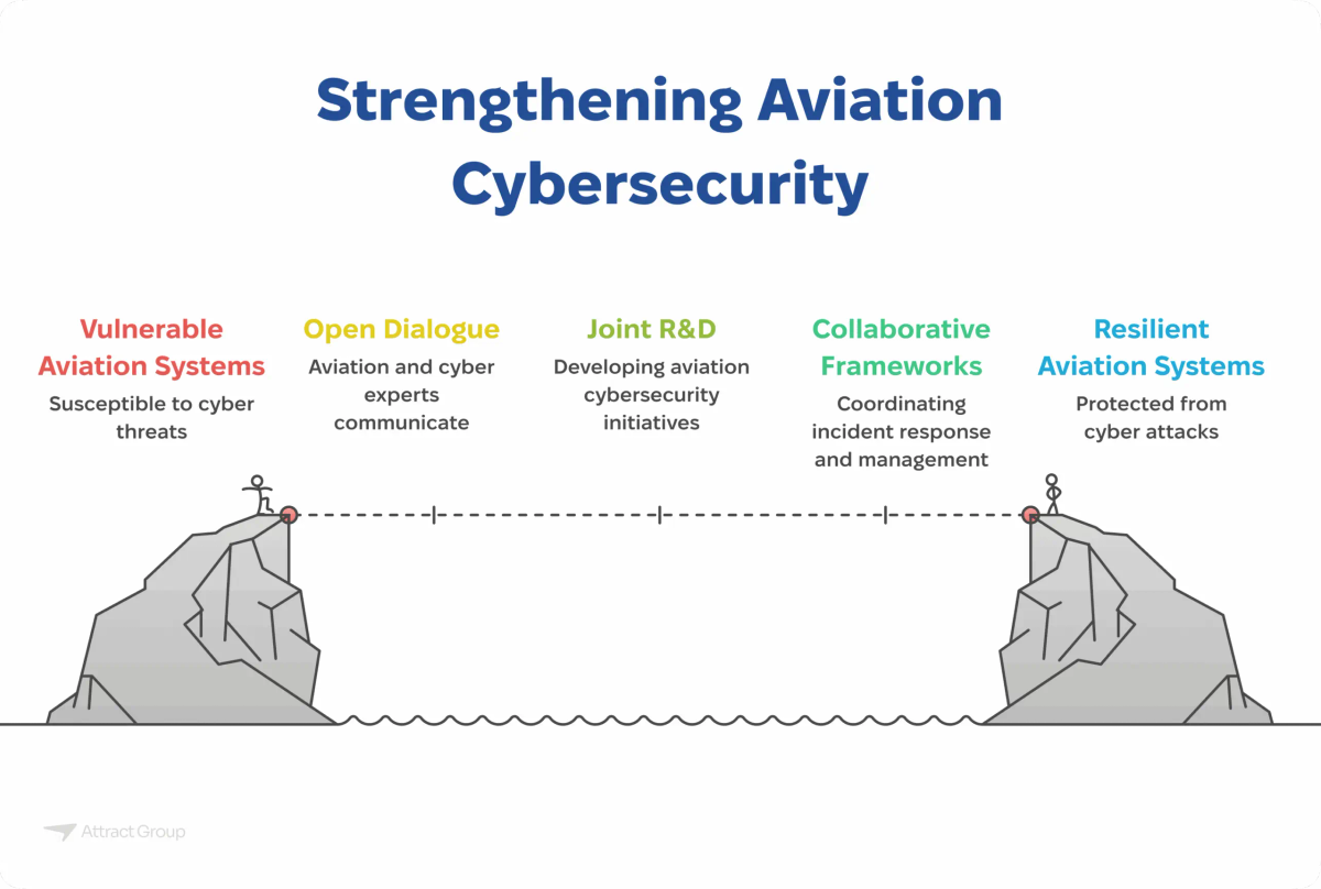 Infographic titled "Strengthening Aviation Cybersecurity" illustrating a path from vulnerable to resilient aviation systems through open dialogue, joint R&D, and collaborative frameworks.