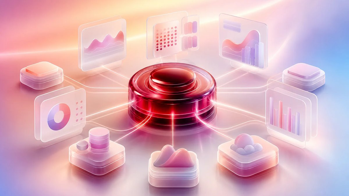 Abstract dimensional healthcare analytics hub with translucent data panels on a luminous warm cool aurora gradient.