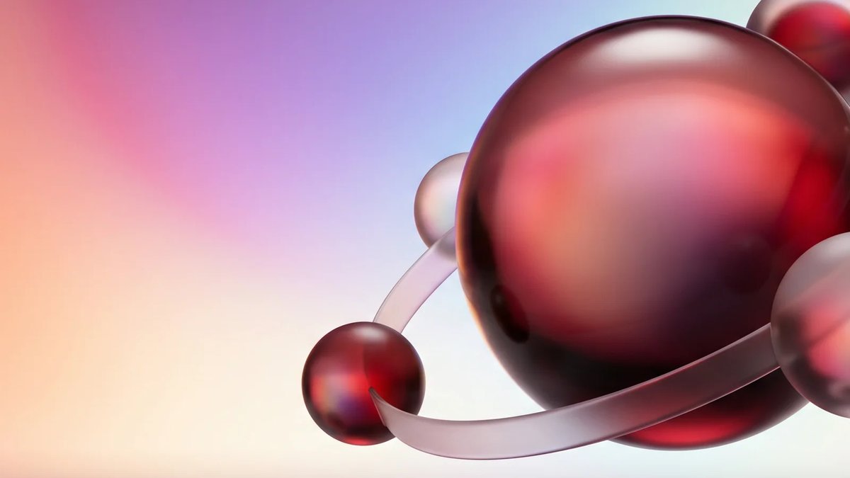 Abstract premium editorial illustration for staff augmentation, with crimson glass forms orbiting a central core over a luminous aurora gradient background.