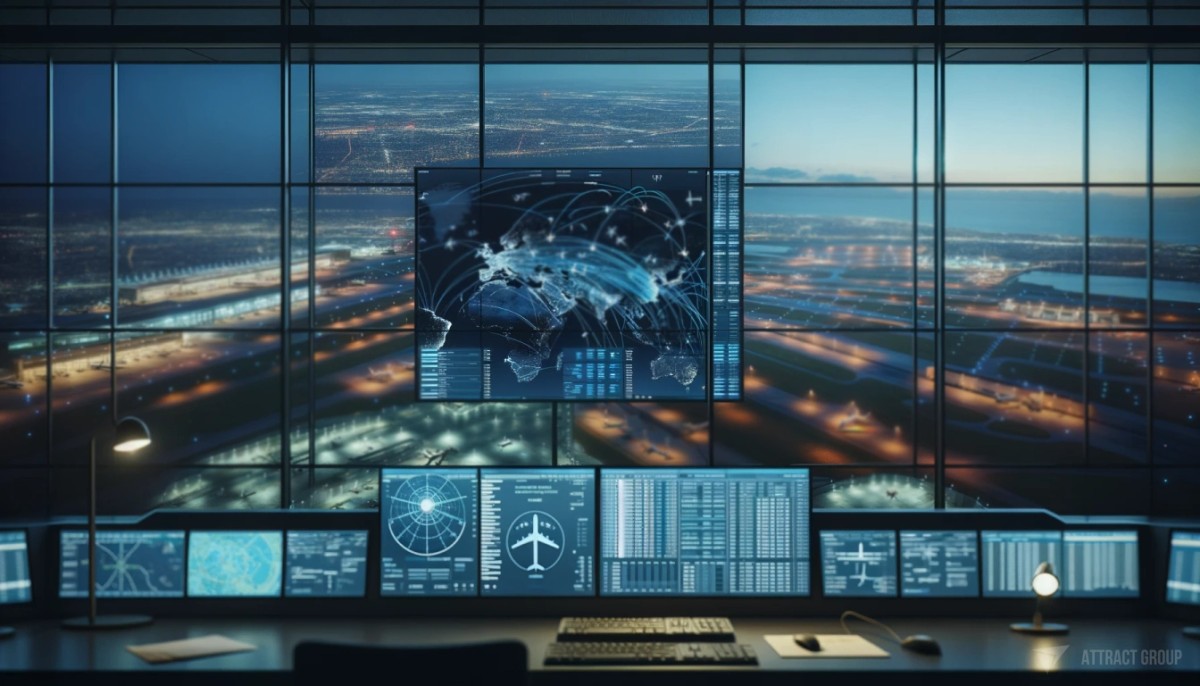 The Importance of Advanced Flight Tracking Technology in Modern Aviation.
A wall monitor displaying Flight Tracking Software with realistic details such as flight paths, data panels, and map overlays. In the background, very blurry panoramic windows reveal a night scene at an airport with runway lights and terminal buildings.