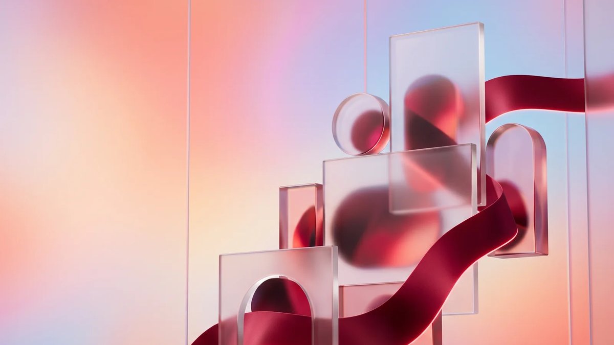 Abstract glass project workflow panels linked by a crimson ribbon on a luminous aurora gradient
