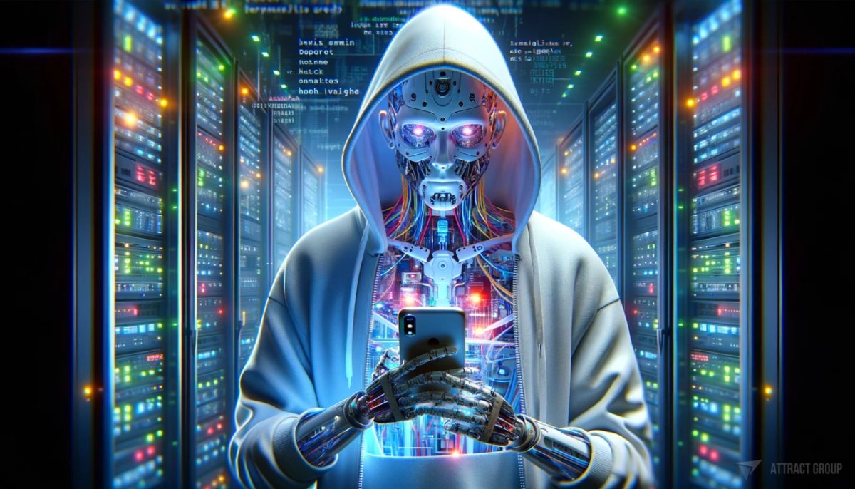 Conceptualization developing an app is turning the initial idea into a defined project. A transparent plastic futuristic Cyborg wearing a hoodie and having white hair, holding a smartphone in its hands. The internal chips, wires, and colored neon lights should be visible through the transparent plastic of the Cyborg's body. In the background, there should be blurry images of servers and monitors displaying code, adding to the high-tech, futuristic atmosphere.