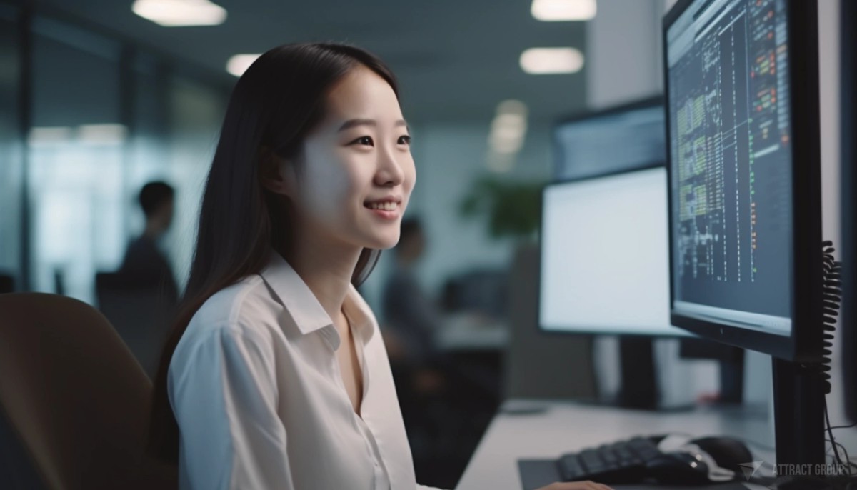 Developing a Flutter Desktop App: Best Practices. Side view, Asian lady smiling programmer at the computer screen.