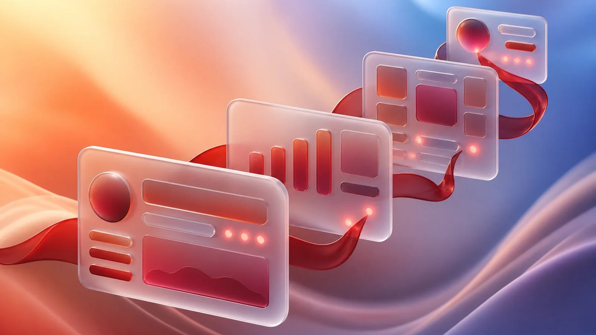 Abstract healthcare business intelligence dashboard cards connected by a crimson ribbon on a luminous multi-color gradient.