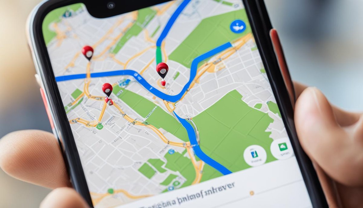 Shipment tracking functionalities. Smartphone in the hand. Close up. Map with pins.