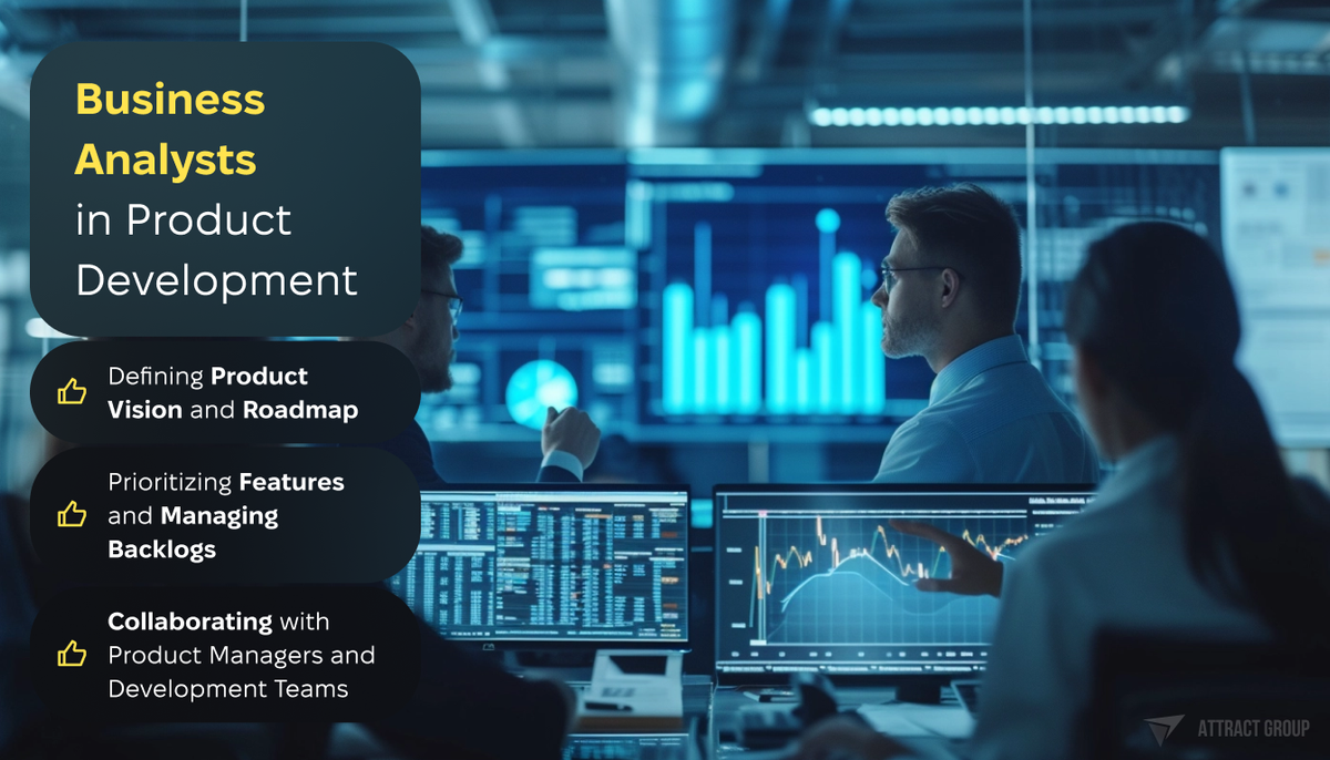 Business Analysts in Product Development. Main points. Team in the office. 