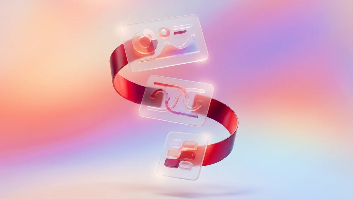 Abstract frosted-glass cards connected by a crimson flow, representing coordinated healthcare CRM workflows.