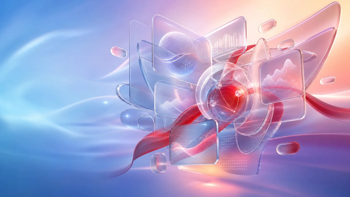Abstract aviation analytics workflow cards connected by a crimson ribbon on a luminous multi-color gradient background.